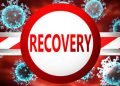 Recovery and covid, pictured by word Recovery and viruses to symbolize that Recovery is related to coronavirus pandemic, 3d illustration