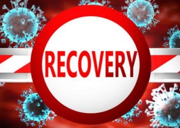Recovery and covid, pictured by word Recovery and viruses to symbolize that Recovery is related to coronavirus pandemic, 3d illustration