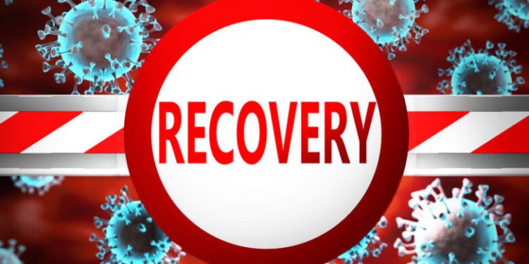 Recovery and covid, pictured by word Recovery and viruses to symbolize that Recovery is related to coronavirus pandemic, 3d illustration